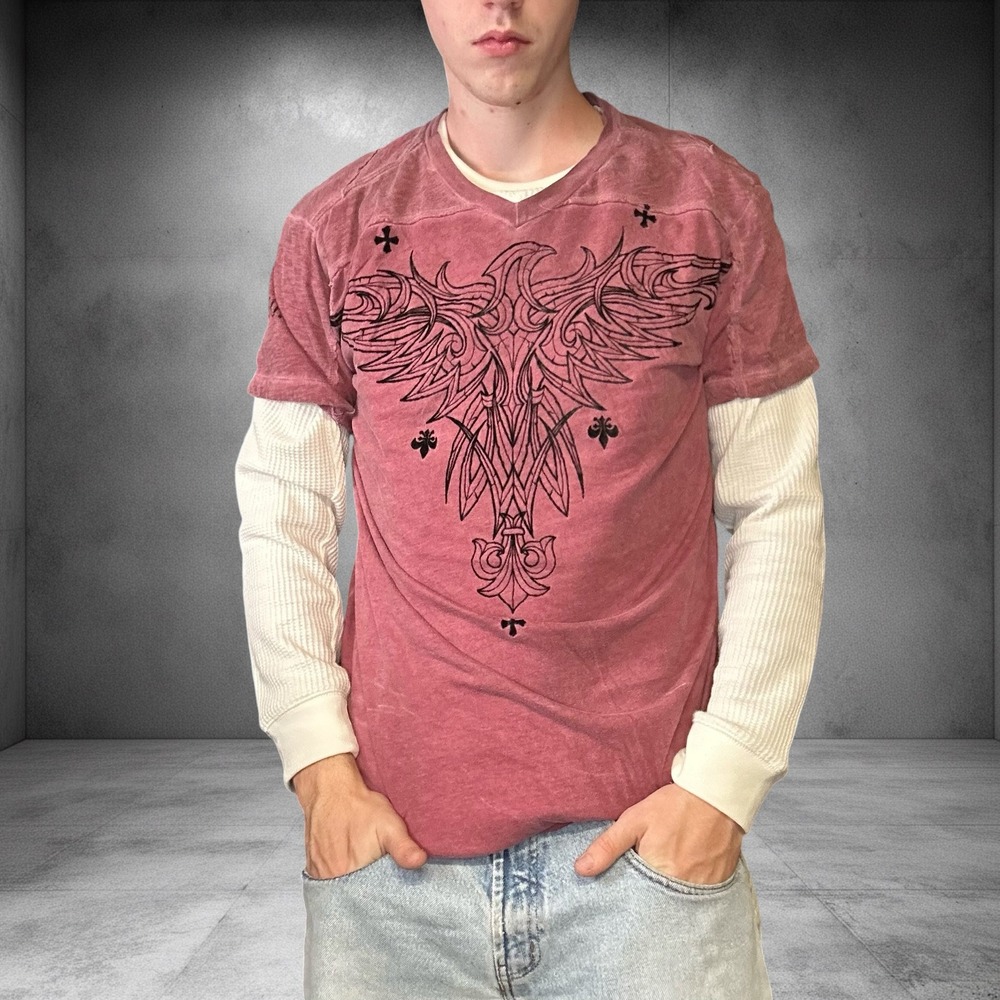 Raw State Mens Large Red Wash Tribal Eagle Graphic T-Shirt Y2K Grunge Skater